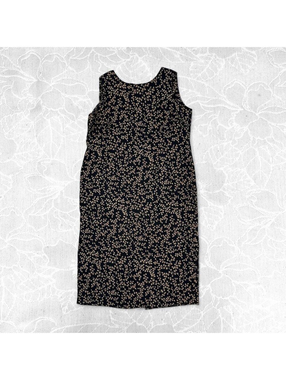 Leslie Fay Vintage Black Sleeveless Sheath Dress with Beige Leaf Print - Size 18